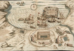 Plano del año 1671 de la bahía de Alhucemas. Se ve perfectamente la isla de Alhucemas y su castillo así como otro baluarte en la bahía
